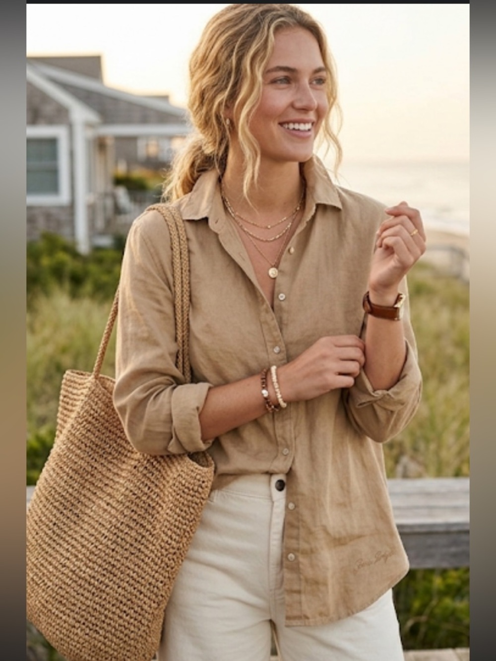 Porter & Ash 100% Linen Button Down Shirt Tan Beige Women's Large L